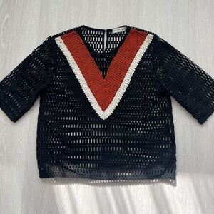 Sandro Black Crochet Chevron Top with Orange and White Accents size S
